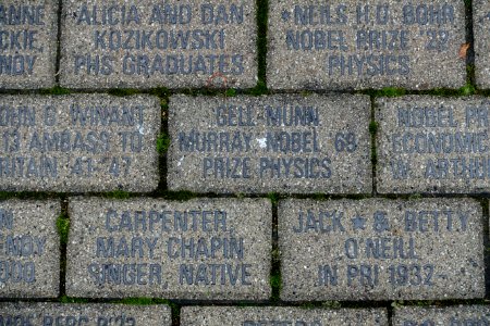 Gell-Munn, Murray (sic), and Neils H. D. Bohr (sic) memorial bricks - Palmer Square - Princeton, NJ - DSC00976