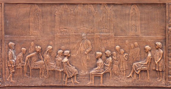 H J Heinz teaching Sunday school, H J Heinz Memorial Plaza Reliefs, Sharpsburg, Pennsylvania