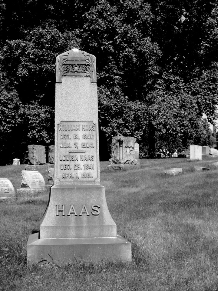 Haas monument, Mount Lebanon Cemetery, 2019-06-03, bw