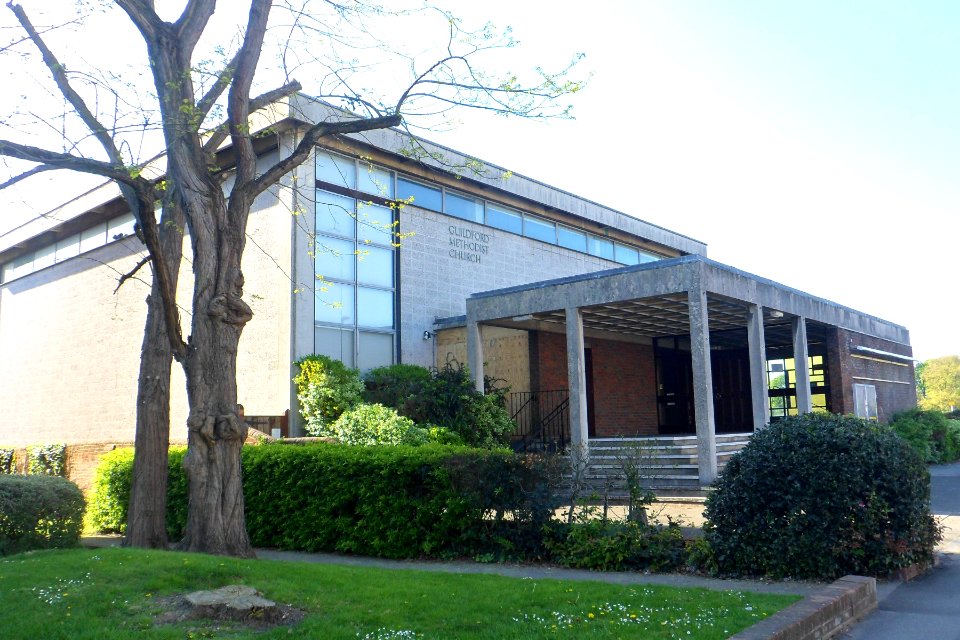 Guildford Methodist Church, Woodbridge Road, Guildford (April 2014, from Southeast) (2)