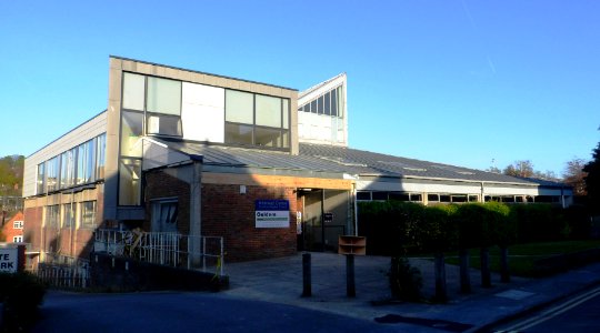Guildford Baptist Church, Millmead Centre, Bury Fields, Guildford (April 2014, from Northwest) (1)