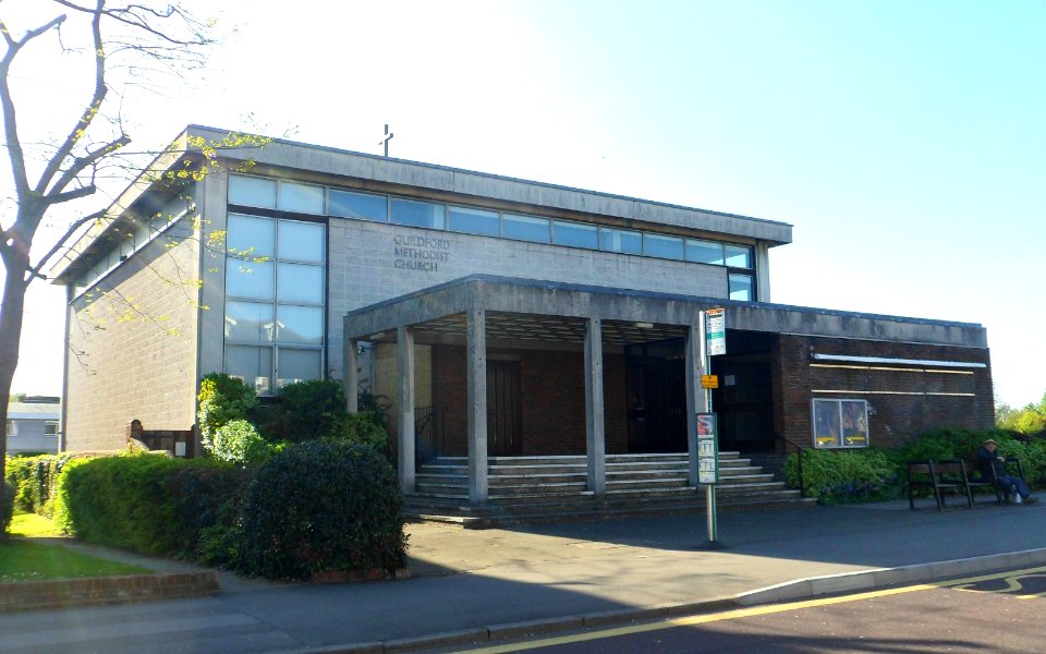 Guildford Methodist Church, Woodbridge Road, Guildford (April 2014, from Southeast) (1)