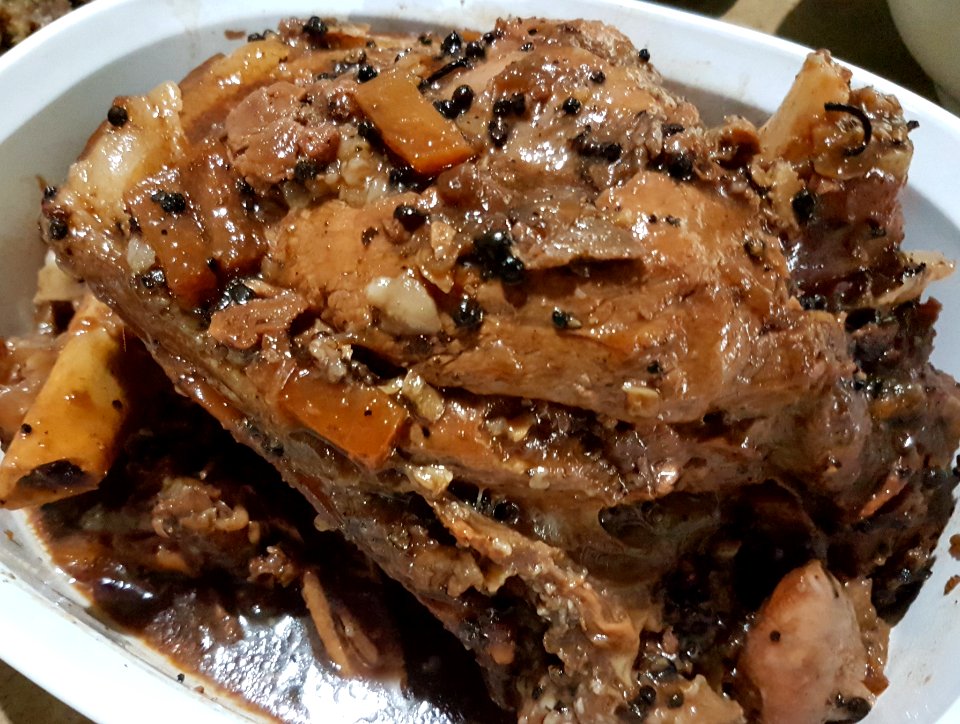 Hamonado - pork with pineapples, black peppercorns, bay leaves, soy sauce, garlic, and vinegar (Philippines)