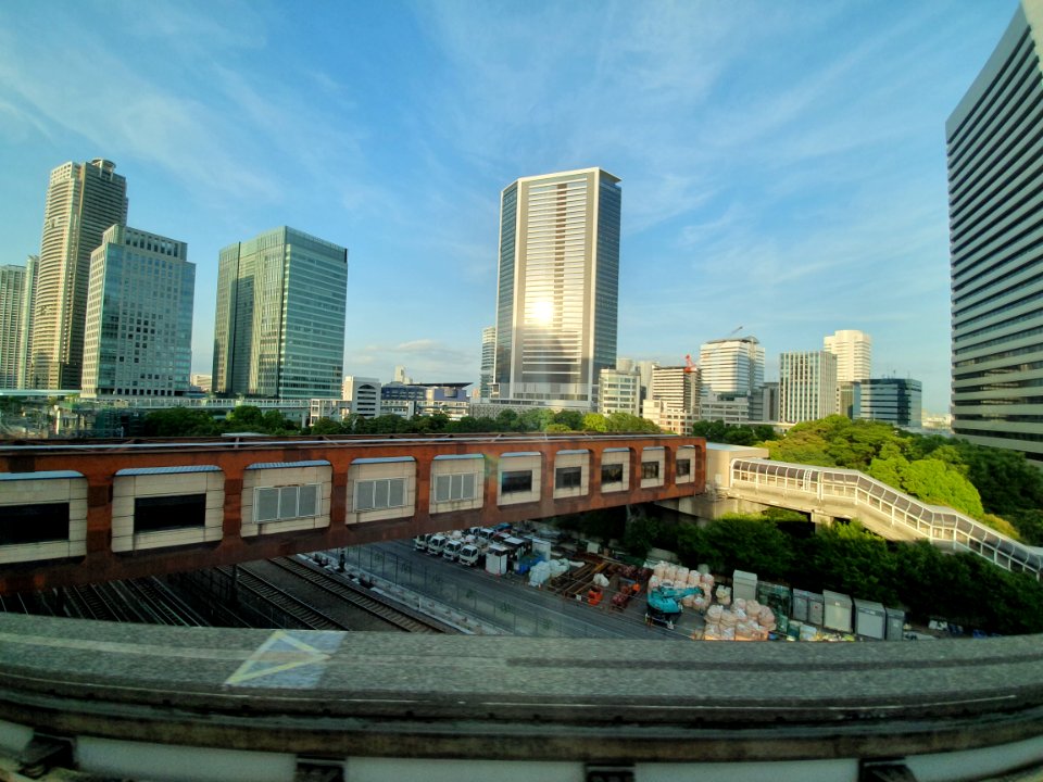 Hamamatsucho station pedestrian bridge seen from moving monorail