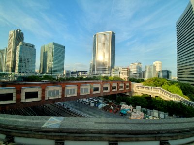 Hamamatsucho station pedestrian bridge seen from moving monorail