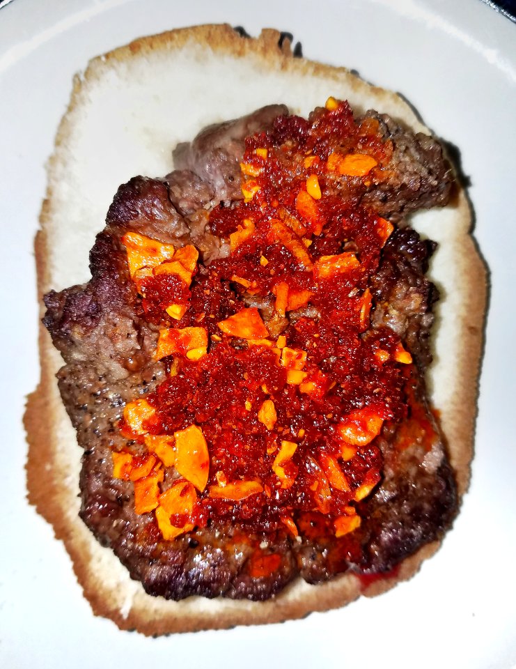 Hamburger with salt, pepper, shoyu, and S&B crunchy garlic sauce, on white bread - Massachusetts