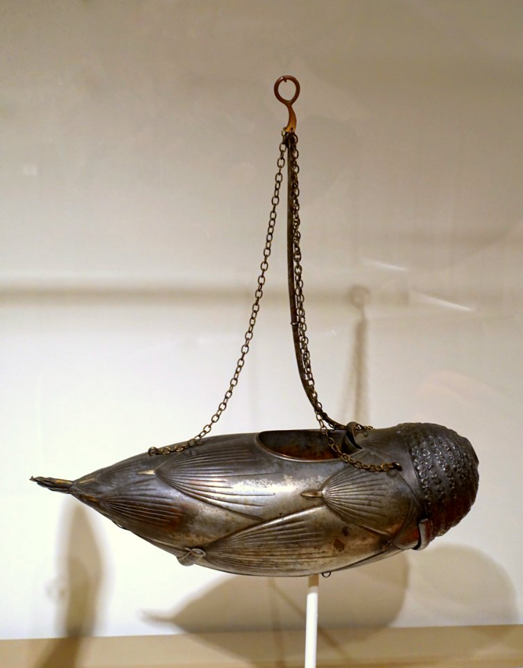 Hanging flower vase in the form of a bamboo shoot, Japan, Edo period, 1700s-1800s AD, copper alloy with silver - Peabody Essex Museum - DSC07561