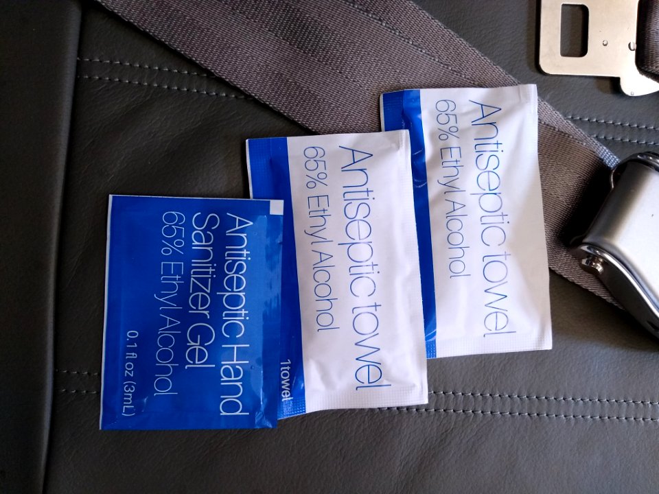 Hand sanitizer and wipes on a Jet Blue flight