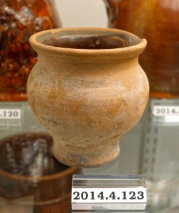 Handleless pitcher, American, mid 1800s, lead-glazed redware, item HD 2014.4.123 - Flynt Center of Early New England Life - Deerfield, Massachusetts - DSC04104