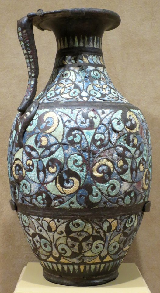 Handled ewer, late Roman, 200-400 CE, copper alloy with champlevé