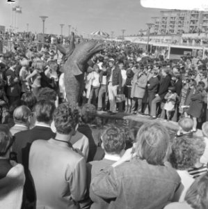 Haagse provos houden protestmeeting bij Flipper-beeldje Scheveningse promenade, Bestanddeelnr 919-2051