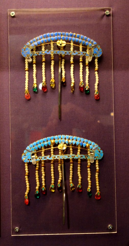 Hairpins, China, 20th century, silver, kingfisher feather, pearl, coral, jade - Fernbank Museum of Natural History - DSC00064