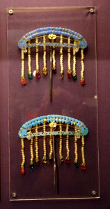 Hairpins, China, 20th century, silver, kingfisher feather, pearl, coral, jade - Fernbank Museum of Natural History - DSC00064