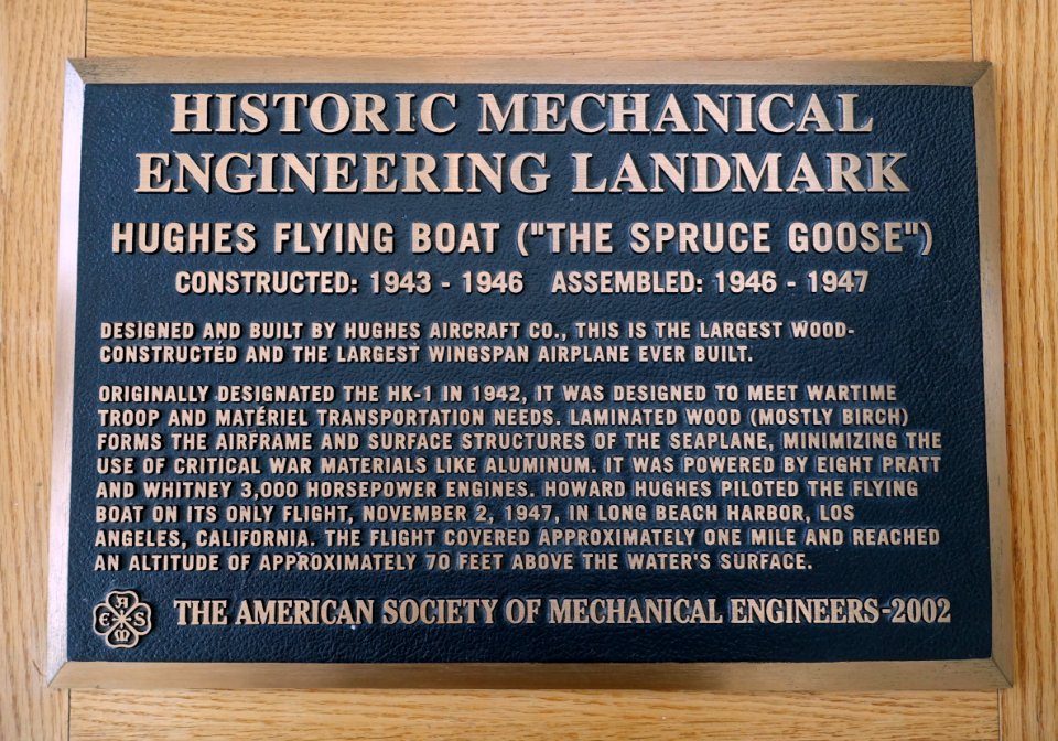 H-4 Hercules (Spruce Goose) plaque, American Society of Mechanical Engineers - Evergreen Aviation & Space Museum - McMinnville, Oregon - DSC00517