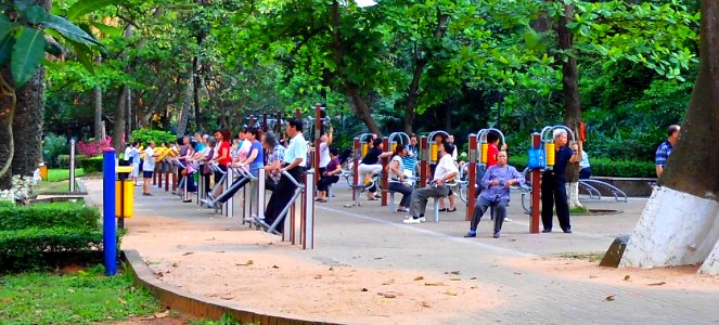 Haikou People's Park - people exercising on exercise equipment - 02