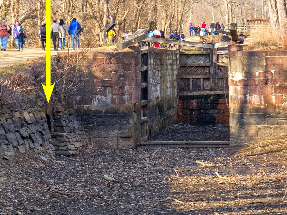 Great Falls Feeder Culvert and Lock 18 on Chesapeake and Ohio Canal, arrow indicating inlet culvert