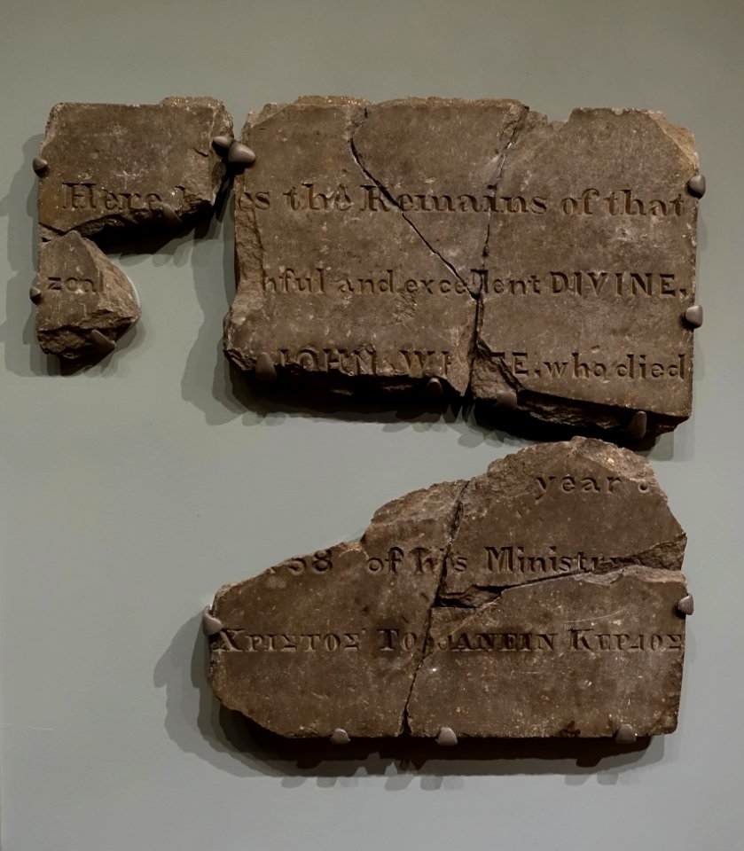 Gravestone fragments of the Reverend John White, removed from the Bridge Street Cemetery by poet Charles Olson, 1760, slate - Cape Ann Museum - Gloucester, MA - DSC01079