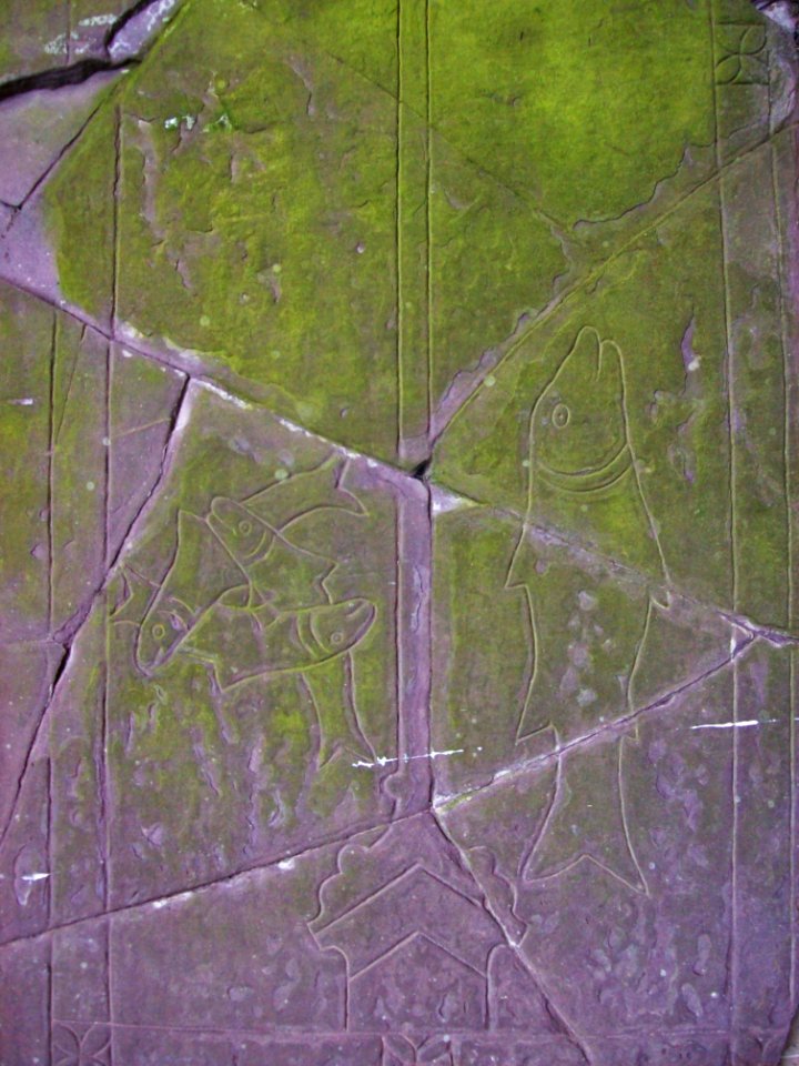 Gravestone with carvings of salmon, Tintern Abbey