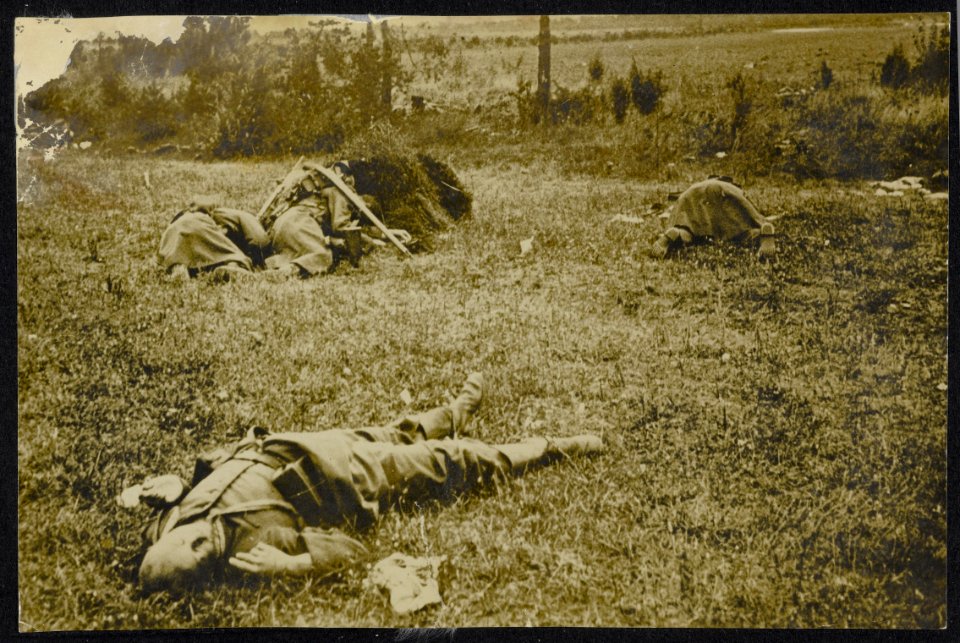 Grasveld met vier gesneuvelde militairen., Bestanddeelnr 158-1305