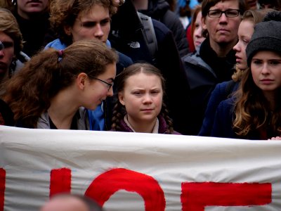 Greta Thunberg at the front banner of the FridaysForFuture demonstration Berlin 29-03-2019 12