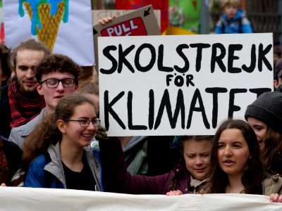 Greta Thunberg at the front banner of the FridaysForFuture demonstration Berlin 29-03-2019 05