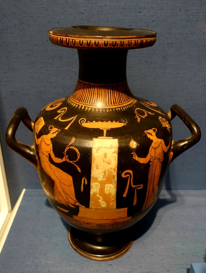 Grave Scene, Women Offering Fillets to the Deceased, hydria, Apulian Greek, 450-300 BC, painted terracotta, red-figure technique - Portland Art Museum - Portland, Oregon - DSC08974