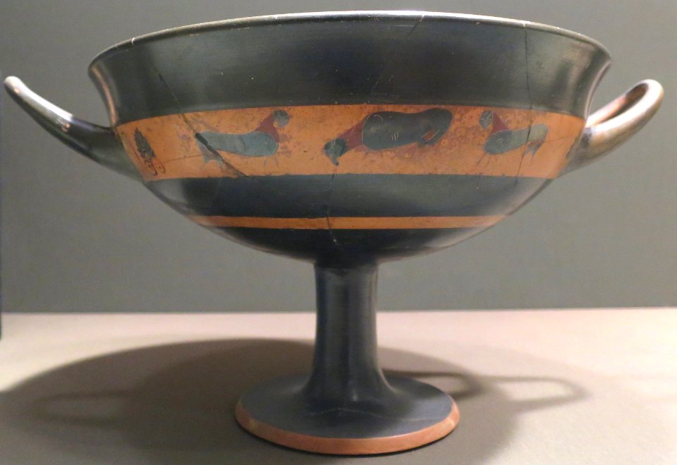 Greek kylix, Athens, c. 550 BCE, terracotta with black figure decoration, Dayton Art Institute