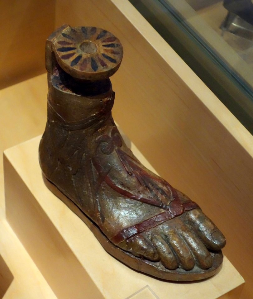 Greek balsamaria in shape of lower leg with open-toed sandal, 6th century BC - Bata Shoe Museum - DSC00016