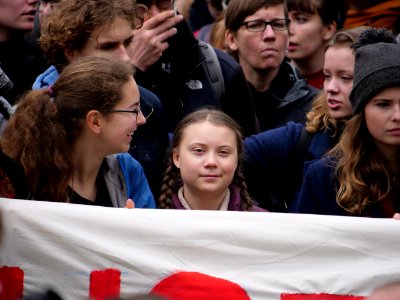 Greta Thunberg at the front banner of the FridaysForFuture demonstration Berlin 29-03-2019 13