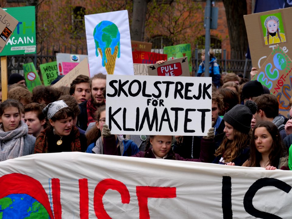 Greta Thunberg at the front banner of the FridaysForFuture demonstration Berlin 29-03-2019 08