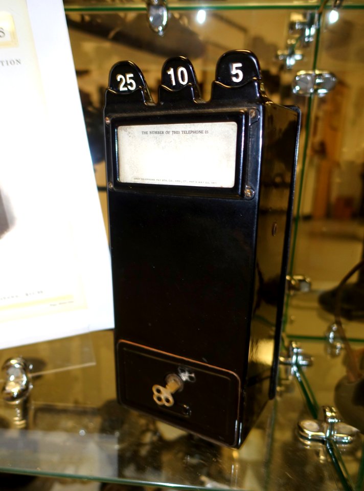 Gray Telephone Pay Station Model 75 three slot pay station, c. 1920 - Telephone Museum - Waltham, Massachusetts -DSC08259