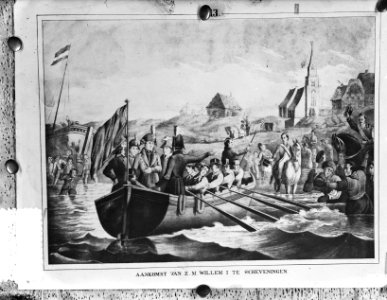 Gravure Aankomst Willem I Scheveningen 1813, Bestanddeelnr 905-5367