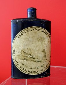 Green Mountain Rifle Powder, manufactured at the Tiger Mills, Bennington VT, by Lyman, Fenton Co., undated, tinned iron with pewter cap - Bennington Museum - Bennington, VT - DSC08613