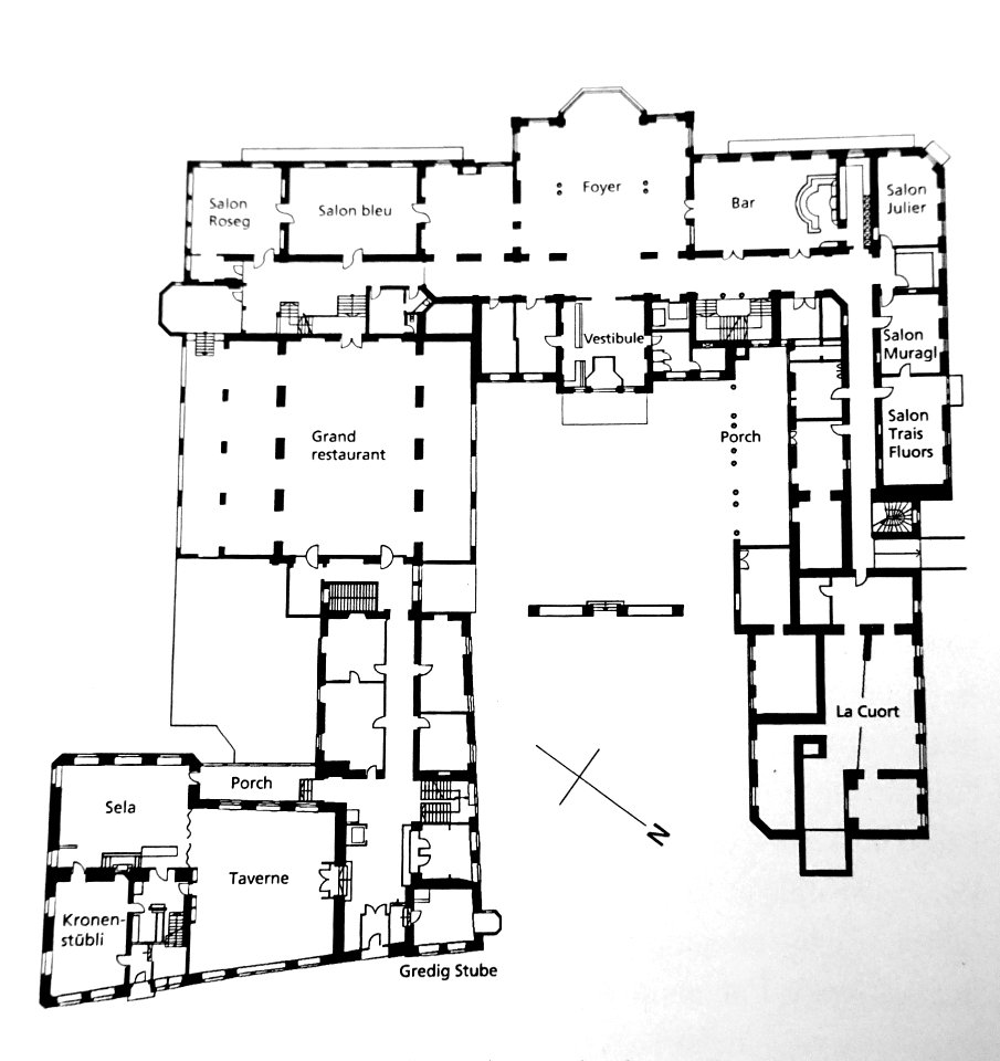 Grand Hotel Kronenhof, Pontresina, plan of ground floor - reprinted in Grand Hotels, Reality and Illusion by Elaine Denby - DSC03835