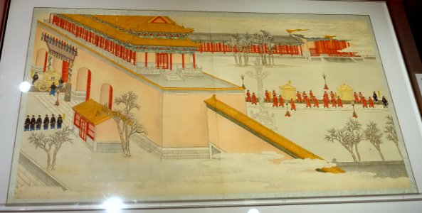 Grand Imperial Wedding of the Guangxu Emperor, vol. 7, leaf 8, Empress Xiaoding entering the palace in phoenix palanquin, by Qing Kuan, c. 1889, ink and color on silk - Peabody Essex Museum - DSC07863