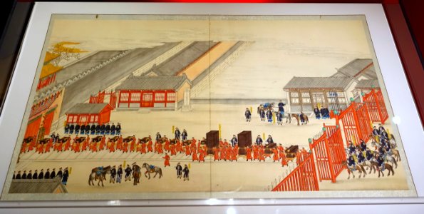 Grand Imperial Wedding of the Guangxu Emperor, vol. 4, leaf 2, Empress Xiaoding's dowry carried into the East Gate of Glory, by Qing Kuan, c. 1889, ink and color on silk - Peabody Essex Museum - DSC07873