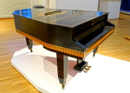 Grand piano, designer Joseph Maria Olbrich, maker Pianoforte-Fabrik Carl Mand, Koblenz, c. 1906, ebony veneer, wood inlays - Museum Künstlerkolonie Darmstadt - Mathildenhöhe - Darmstadt, Germany - DSC06264