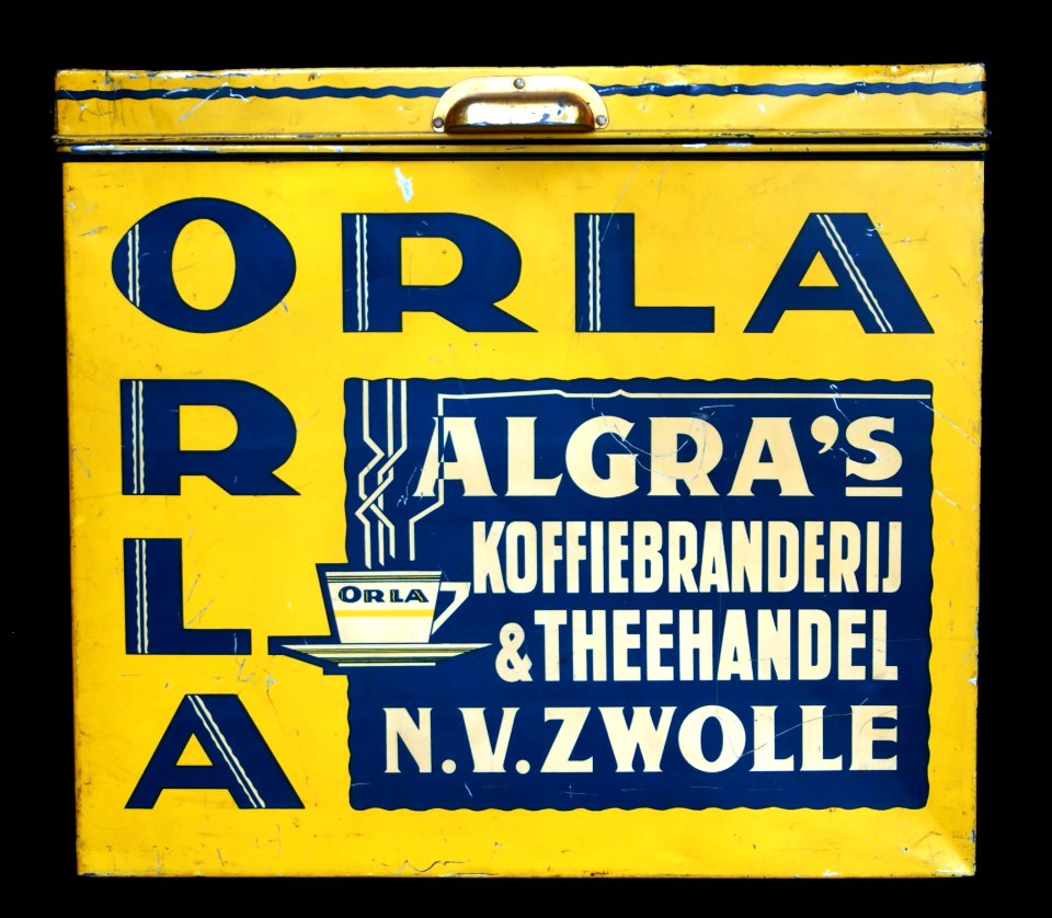 Groot geel ORLA blik van ALGRAs koffiebranderij & theehandel nv Zwolle, foto4