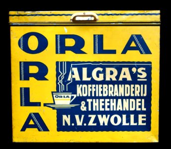 Groot geel ORLA blik van ALGRAs koffiebranderij & theehandel nv Zwolle, foto4