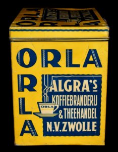 Groot geel ORLA blik van ALGRAs koffiebranderij & theehandel nv Zwolle, foto5
