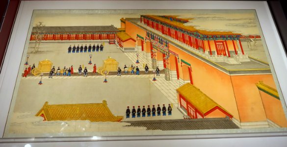 Grand Imperial Wedding of the Guangxu Emperor, vol. 7, leaf 9, Empress Xiaoding entering the palace in phoenix palanquin, by Qing Kuan, c. 1889, ink and color on silk - Peabody Essex Museum - DSC07865