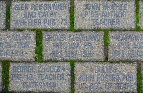 Grover Cleveland, George Schultz, John Foster Dulles, and John McPhee memorial bricks - Palmer Square - Princeton, NJ - DSC00980