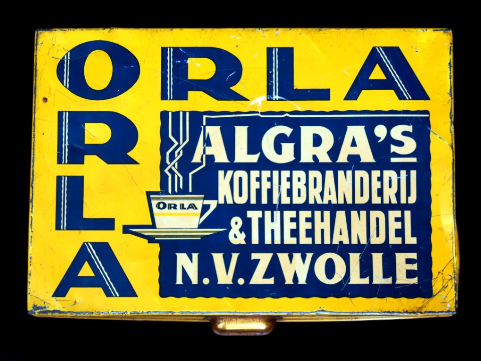 Groot geel ORLA blik van ALGRAs koffiebranderij & theehandel nv Zwolle, foto3