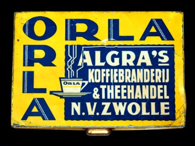 Groot geel ORLA blik van ALGRAs koffiebranderij & theehandel nv Zwolle, foto3