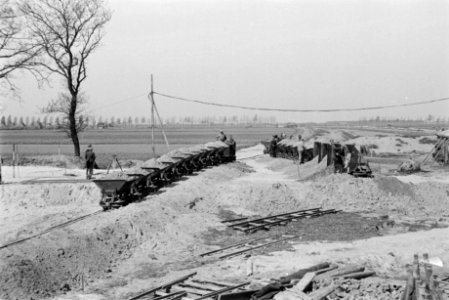 Grondtransporten, opritten, arbeiders, kipkarren, kanaalwerken, Groningen, Bestanddeelnr 170-0321