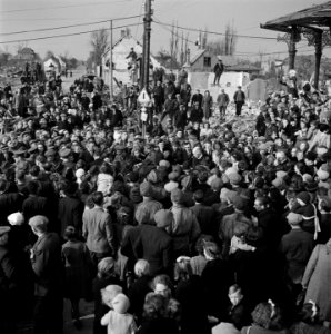 Grote mensenmassa rond koningin Wilhelmina (alleen hoed zichtbaar) de commissari, Bestanddeelnr 900-4018