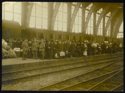 Grote groep burgers met bagage op een perron van een spoorwegstation met Duitse , Bestanddeelnr 158-0591