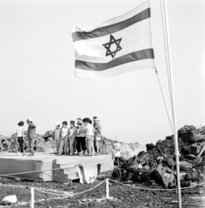 Groep jongeren staat op een podium onder de Israëlische vlag, twee van hen danse, Bestanddeelnr 255-3072