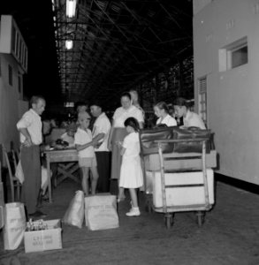 Groep reizigers met een kar vol bagage te wachten in een hal bij de douane, Bestanddeelnr 255-2206