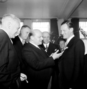 Groep mannen bekijkt de onderscheiding van fabrieksdirecteur Albert van Abbe, Bestanddeelnr 255-8546